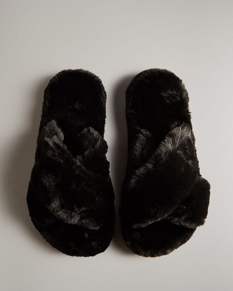 Hunter Faux Fur Flatform Crossover Naisten Rantasandaalit Mustat | Suomi-18735