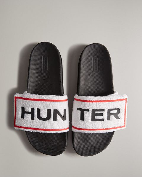 Hunter Terry Towelling Logo Adjustable Miesten Rantasandaalit Valkoinen Mustat | Suomi-20769